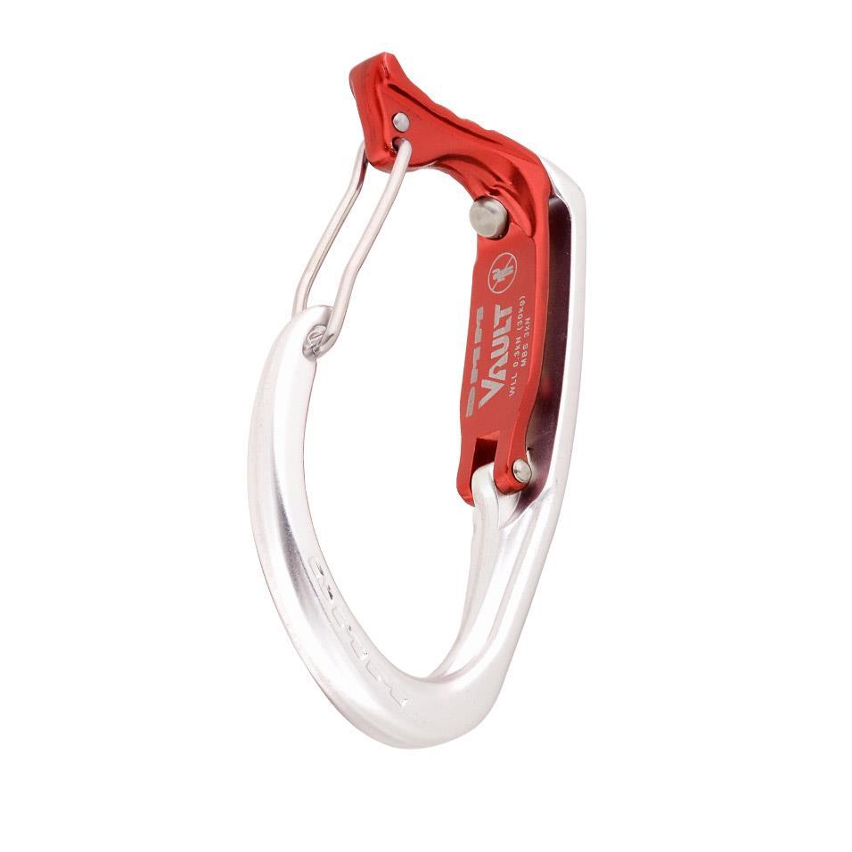 Front view of the DMM Vault Wire Gate carabiner in Red and Silver
