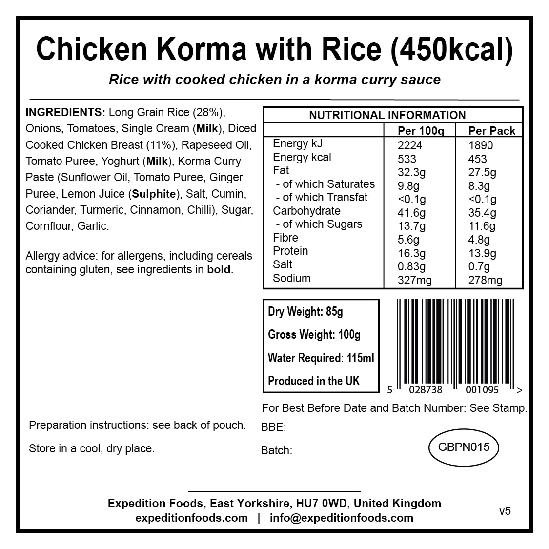 Expedition Foods Chicken Korma with Rice (450kcal)