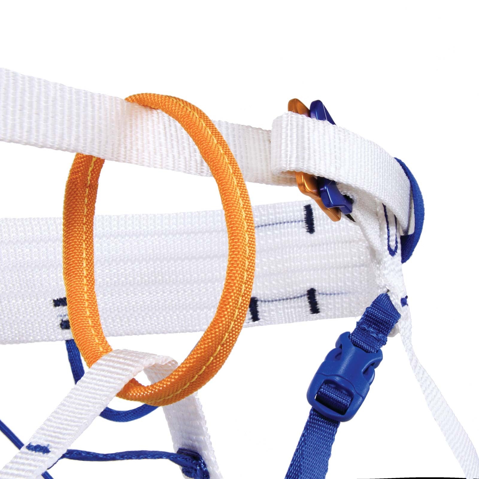 Blue Ice Choucas Harness, front view in grey, blue and orange colours