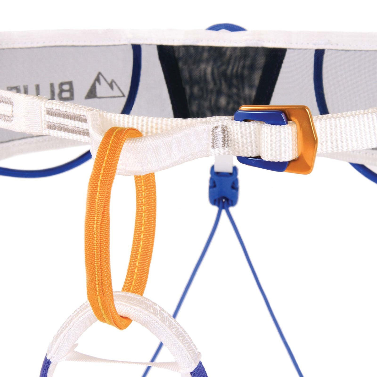 Close up of the Blue Ice Choucas Pro Harness multiple coloured buckles and coloured belay loop 