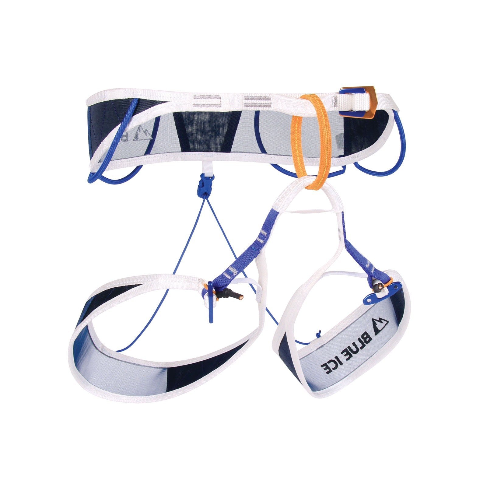 Blue Ice Choucas Pro Harness, front/side view in Blue, Orange and White colours
