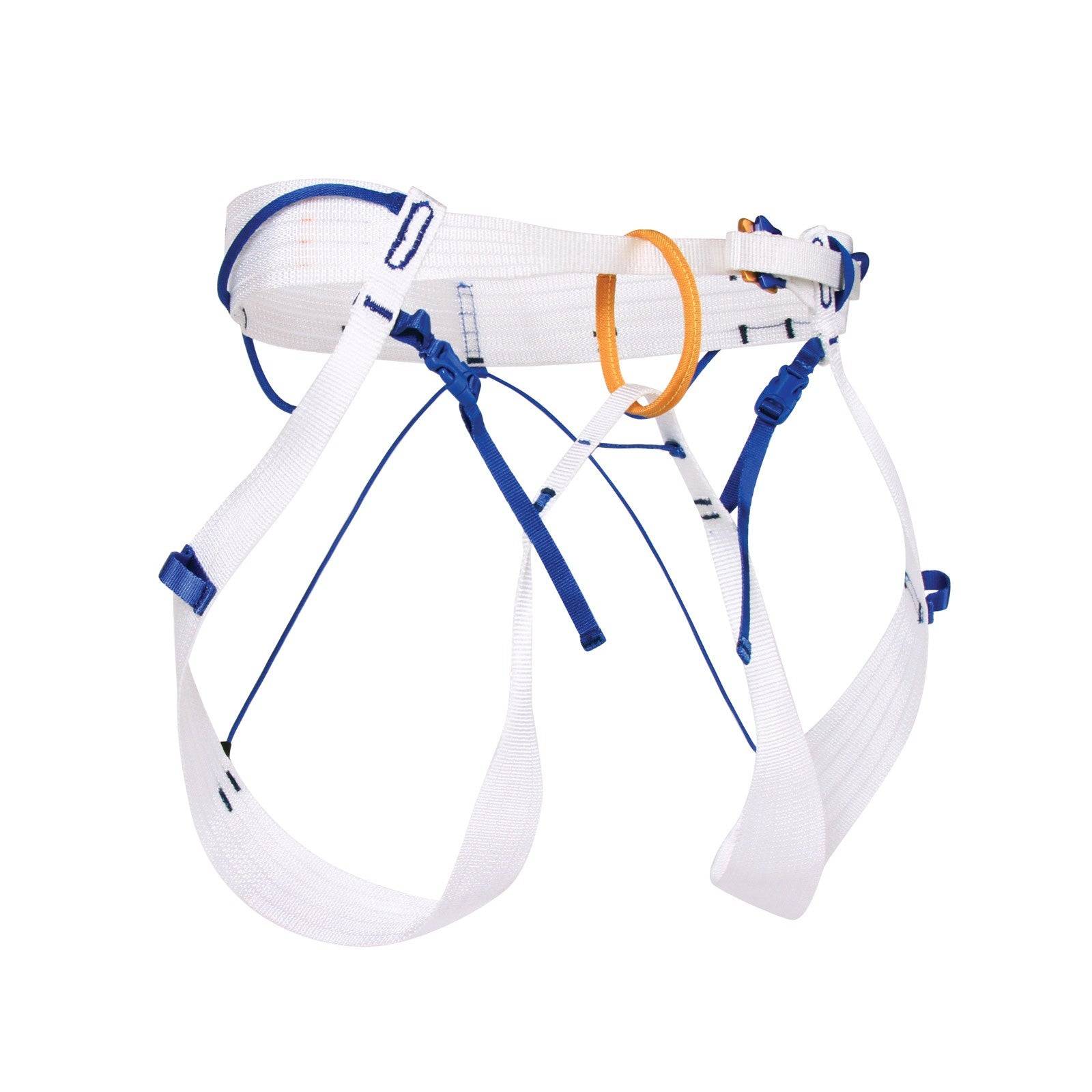 Blue Ice Choucas Harness, front view in grey, blue and orange colours