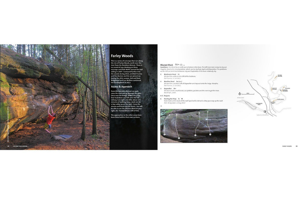 Churnet Bouldering guide, inside page examples showing photos and maps