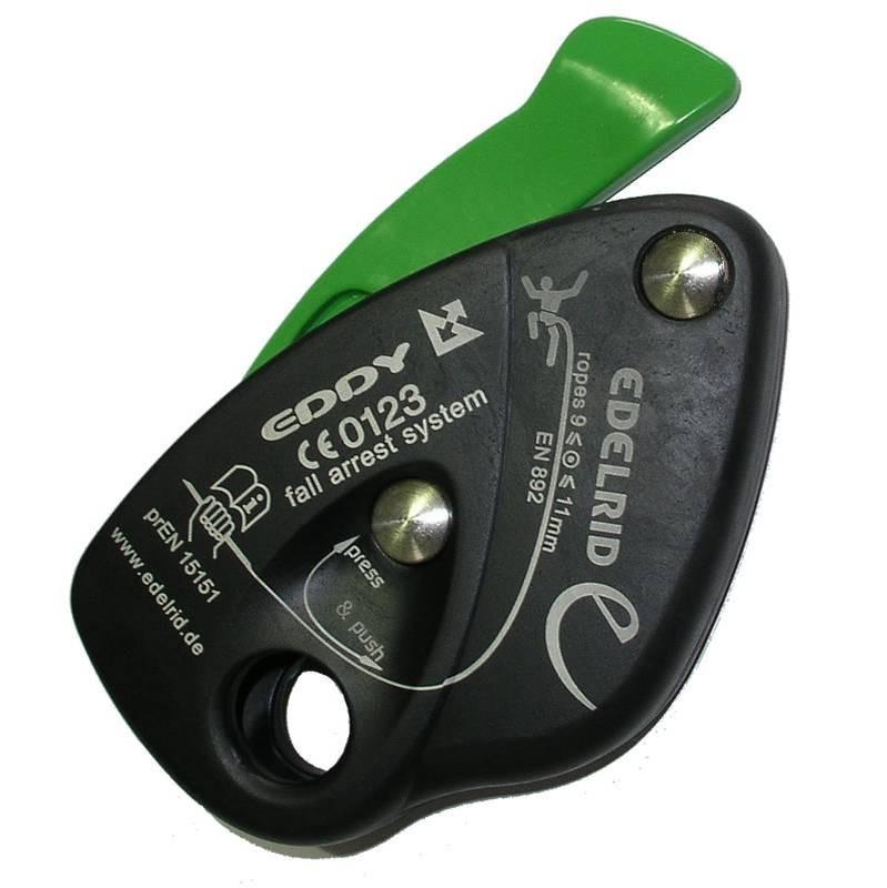 Edelrid Eddy climbing belay device, in green and black colour