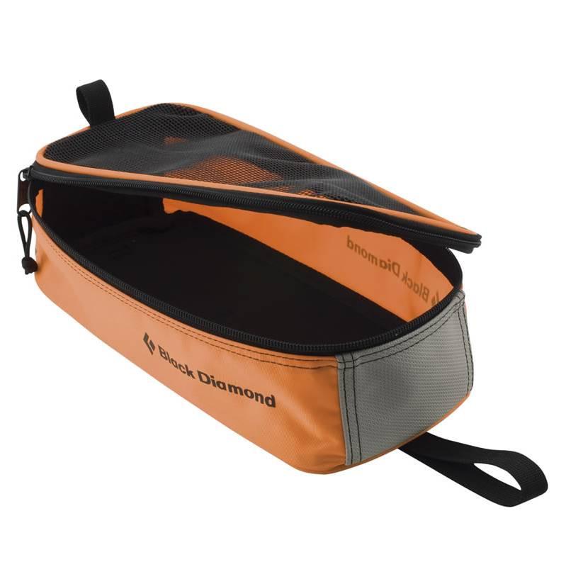 Black Diamond Crampon Bag, in black, front/side view shown open in orange and grey colours