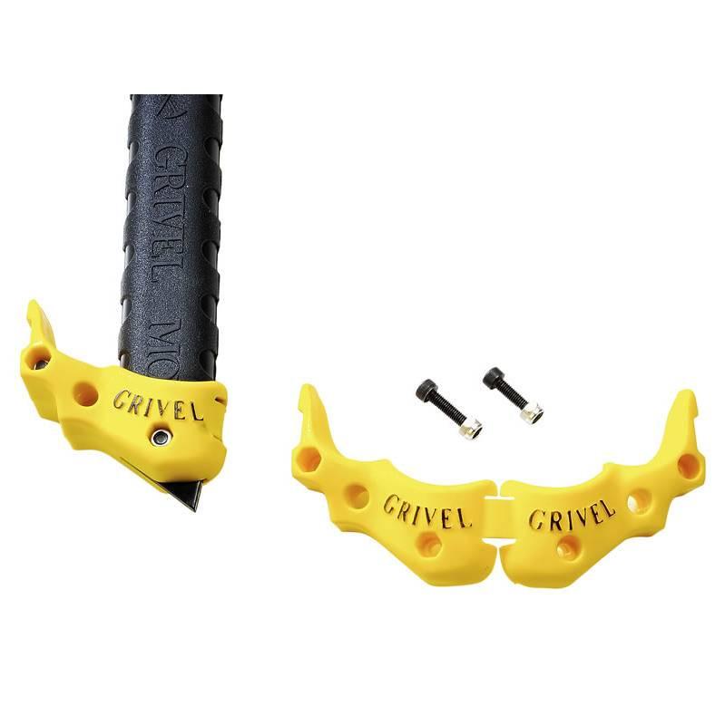 Grivel The Horn hand support (PJ034.75) in yellow, shown alone and in use on black ice axe