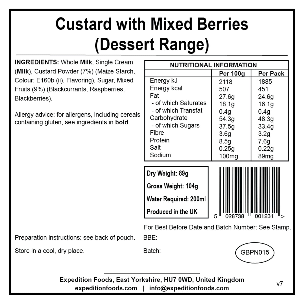 Expedition Foods Custard with Mixed Berries in packet