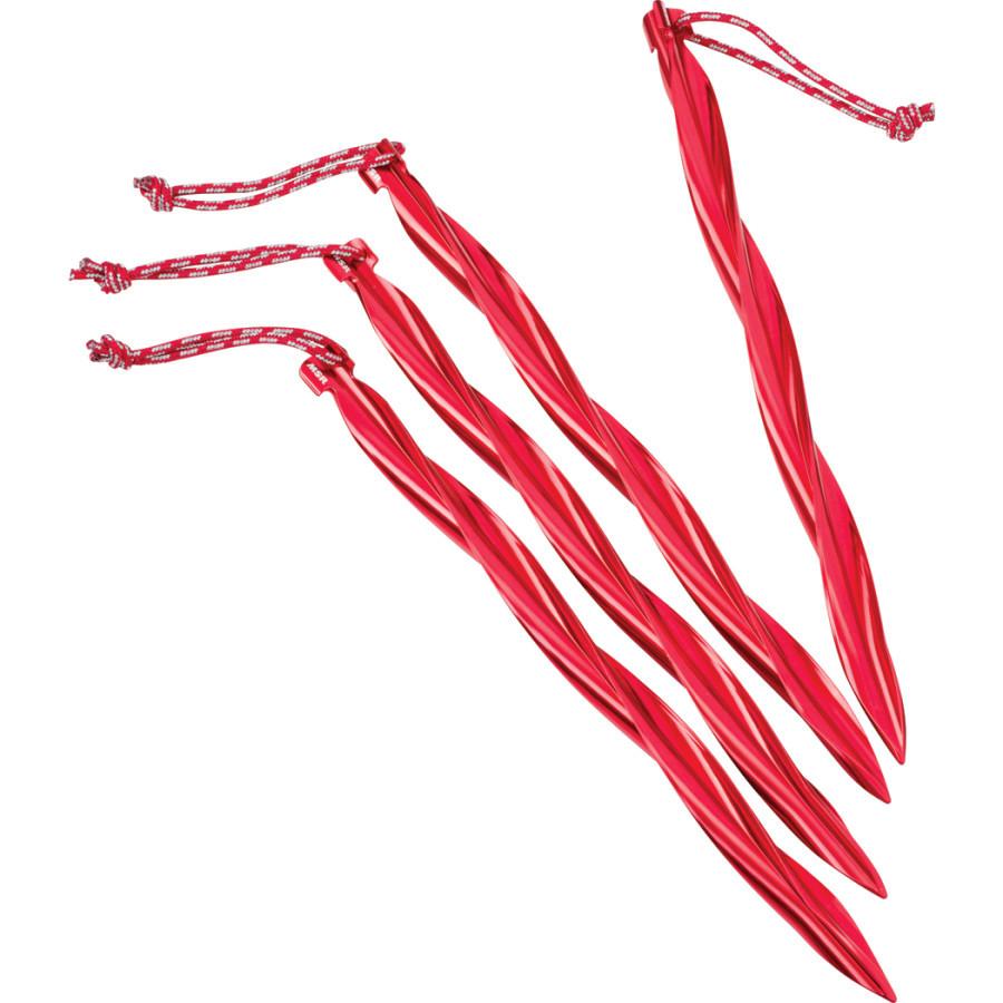 4 MSR Cyclone Tent Stakes, side by side in red colour