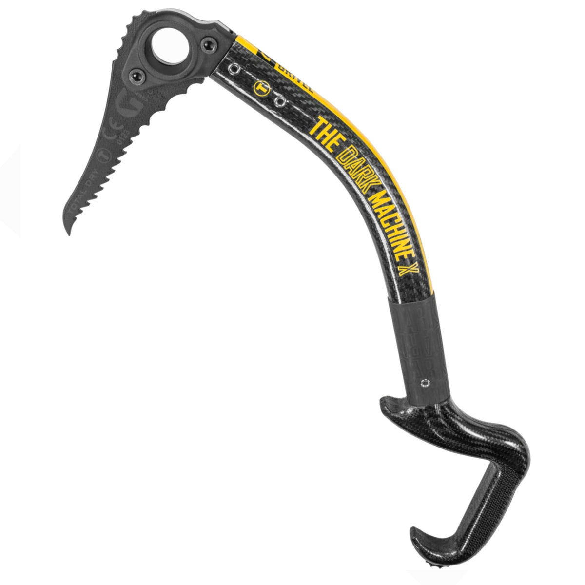 Grivel Dark Machine X ice axe, side view shown in black/yellow colours