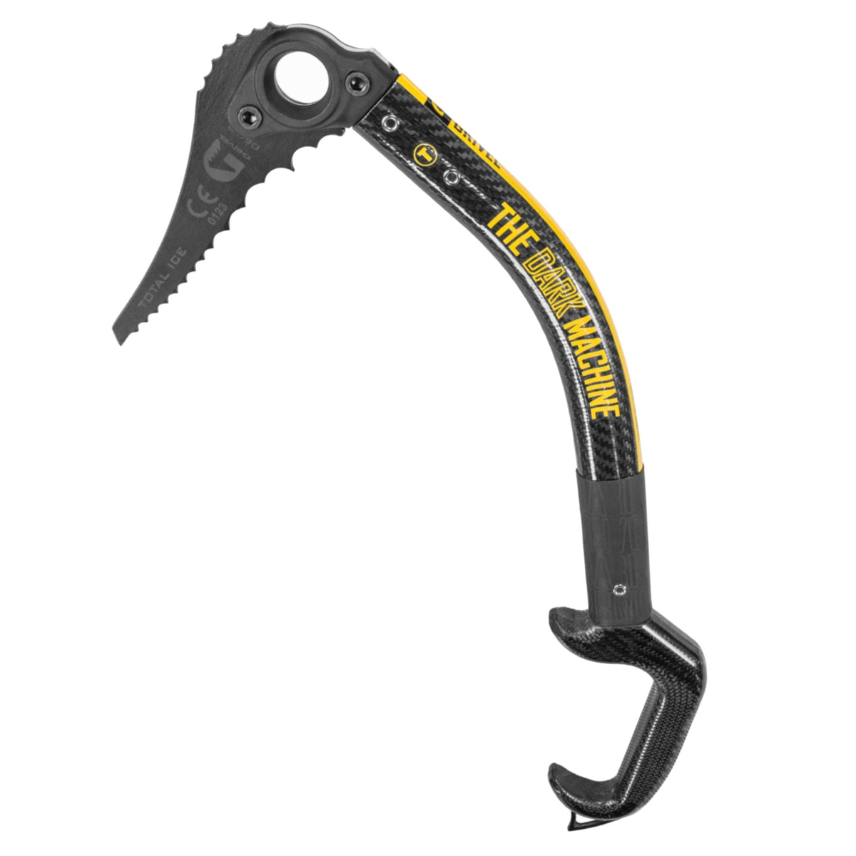 Grivel Dark Machine ice axe, side view shown in black/yellow colours