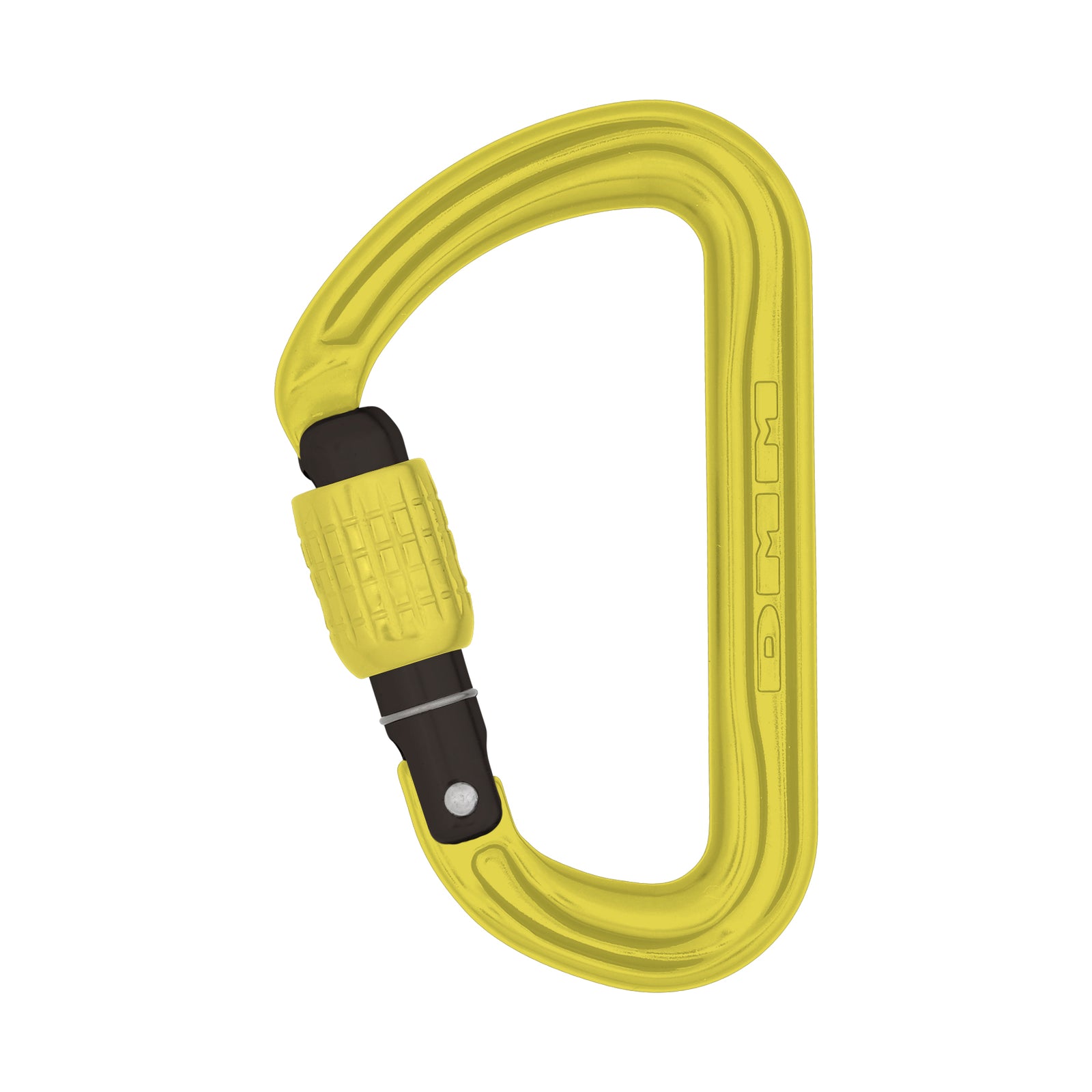  DMM Shadow Screwgate Carabiner, in gun metal grey colour with a yellow lock