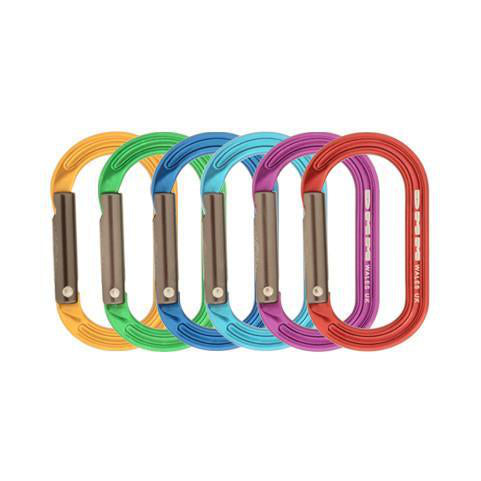 6 different coloured DMM XSRE carabiners, shown side by side but overlapping