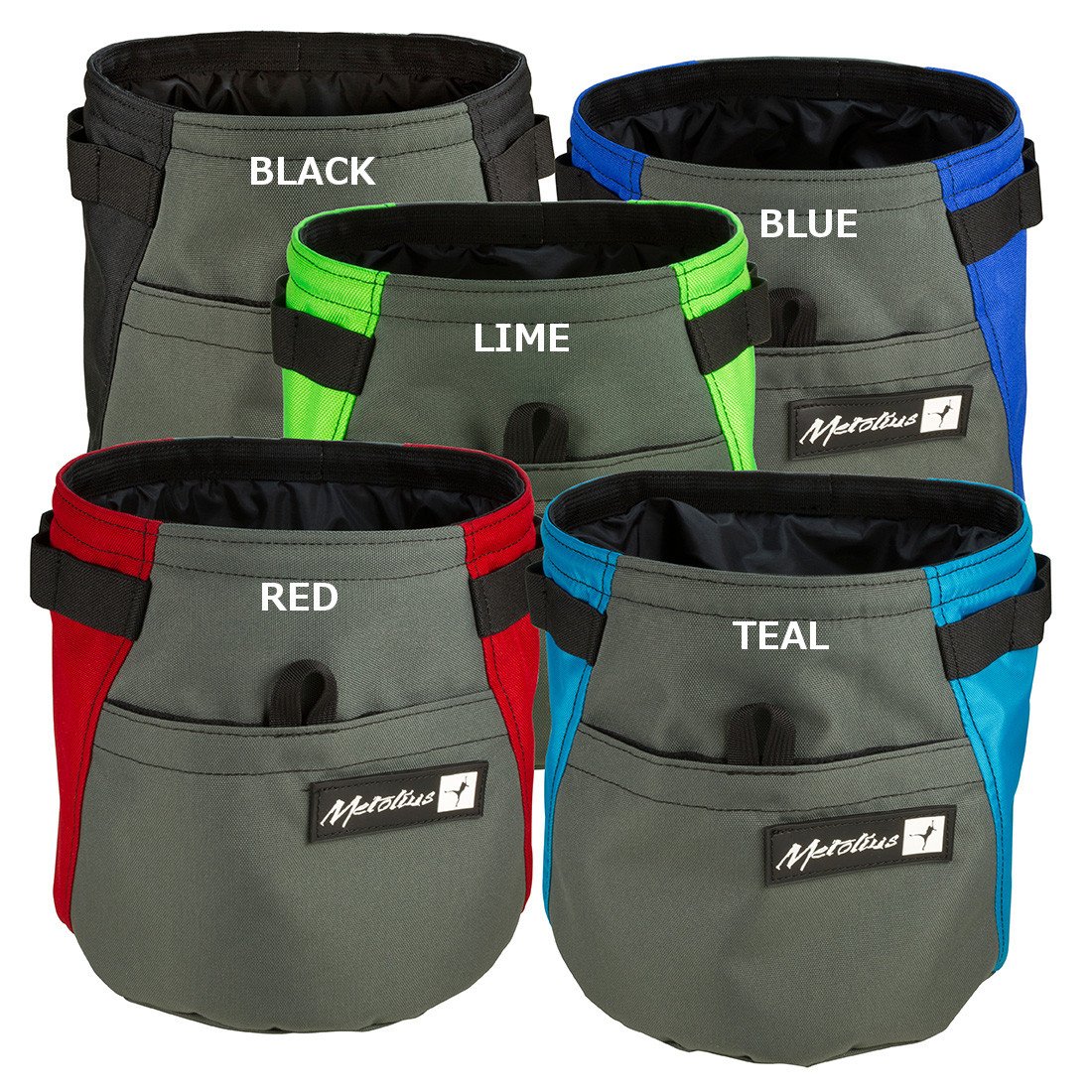 Metolius Dust Bin Bouldering Bucket Colour Options, showing 5 in a clump