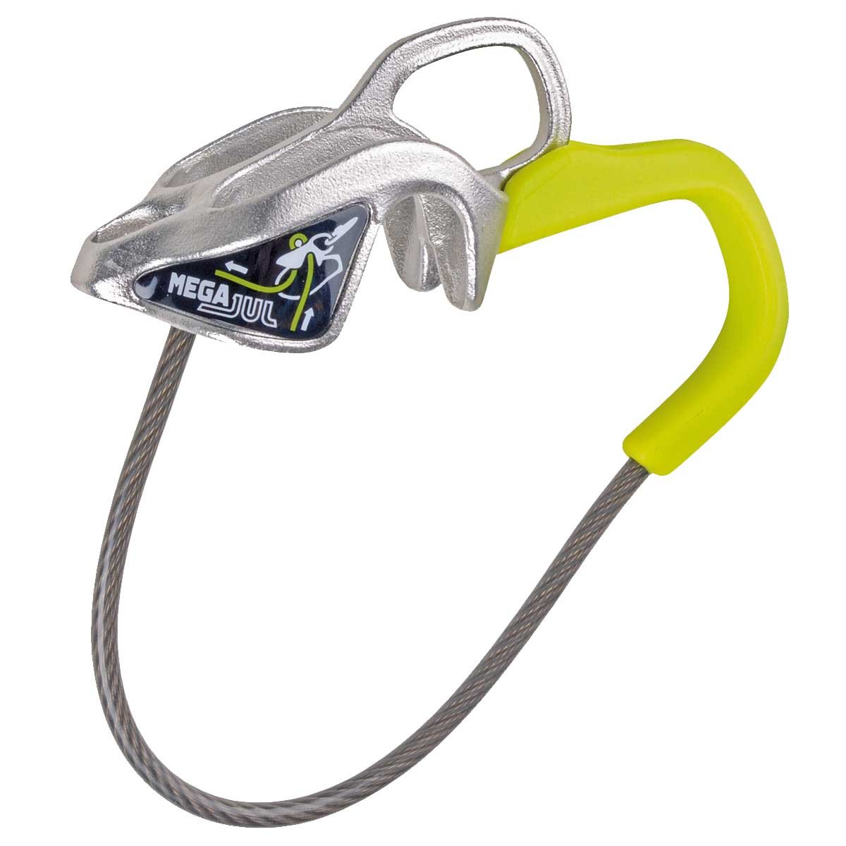 Edelrid Mega Jul belay device, in green and silver colours