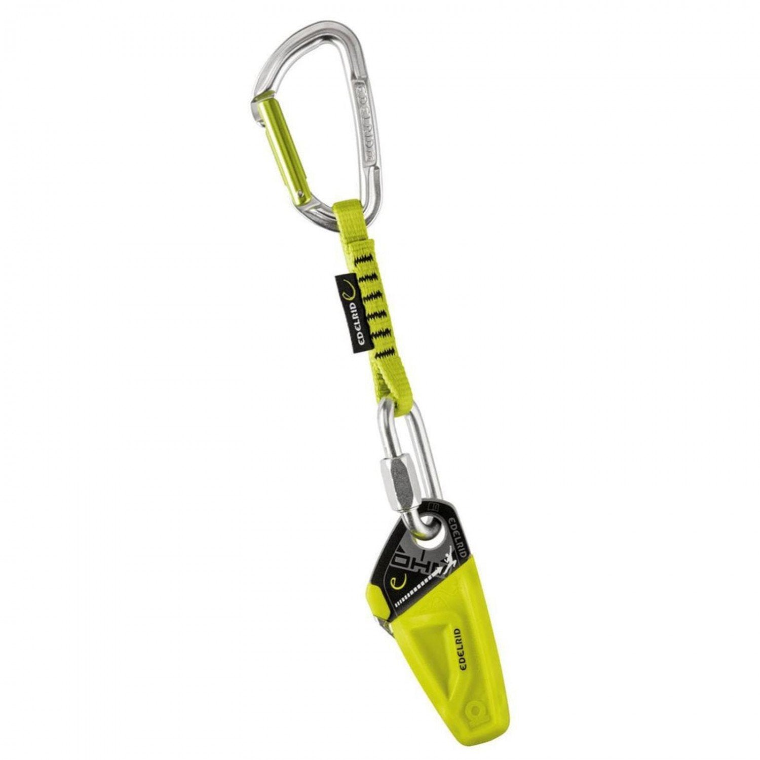 Edelrid Ohm Assisted-braking Resistor, friction climbing device shown with quickdraw in green/silver