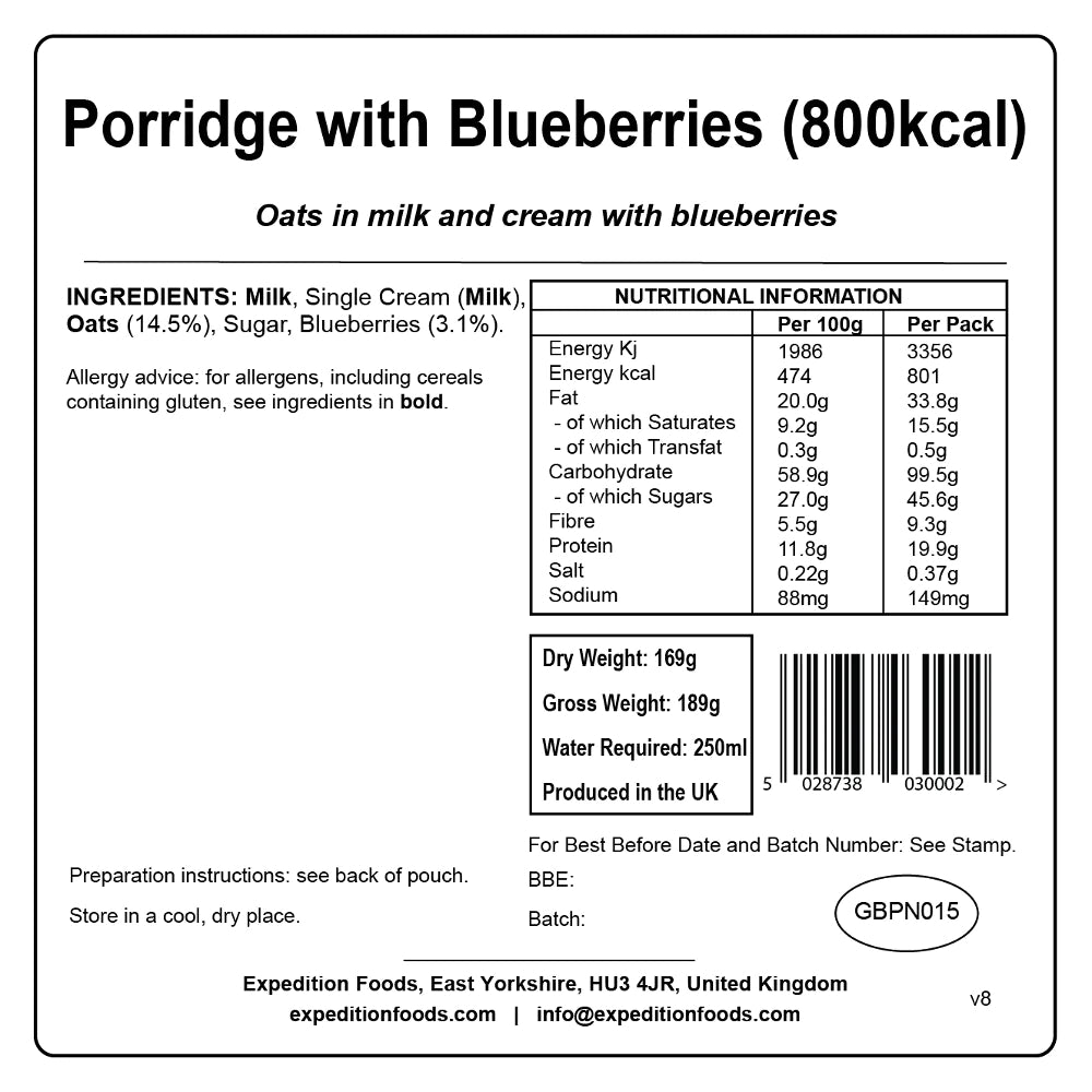 Expedition Foods Porridge with Blueberries (800kcal), Stats