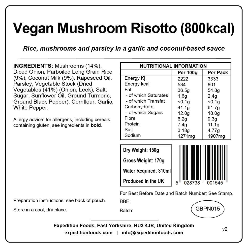 Expedition Foods Vegan Mushroom Risotto (800kcal), Stats