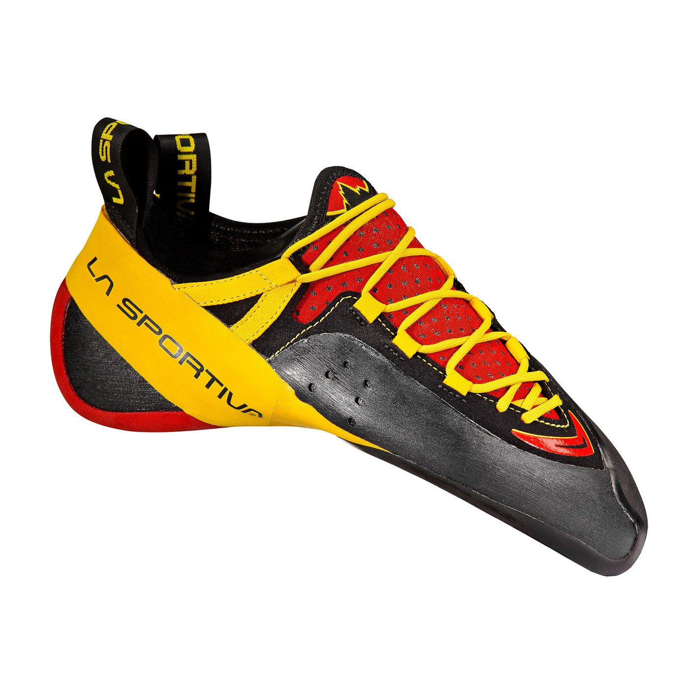 La Sportiva Genius climbing shoe, in black, red and yellow colours