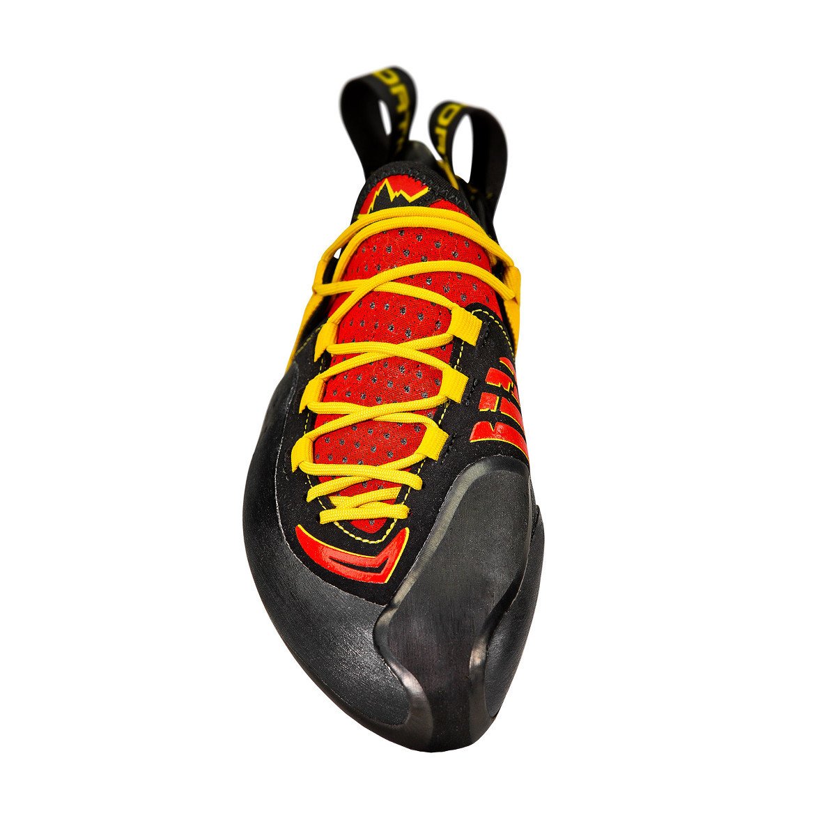 La Sportiva Genius climbing shoe, in black, red and yellow colours