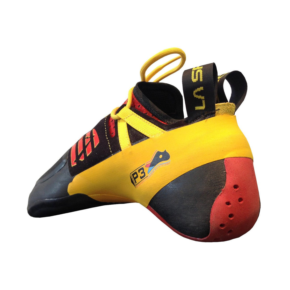 La Sportiva Genius climbing shoe, rear view showing heel and inside of the shoe design detail