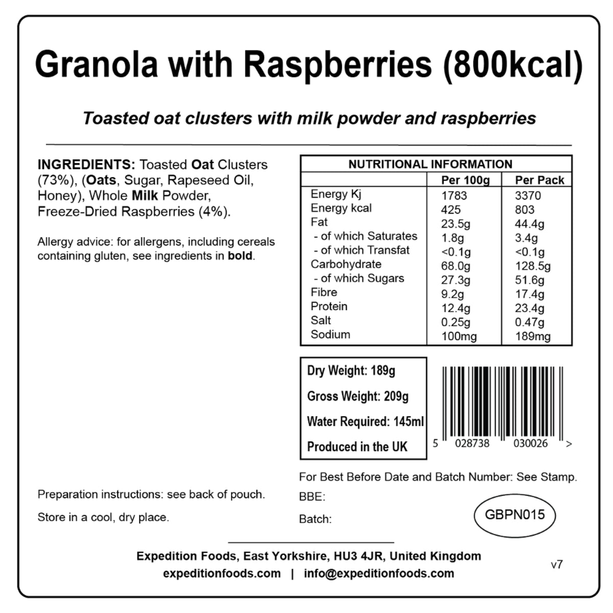 Expedition Foods Granola with Raspberries (800kcal)