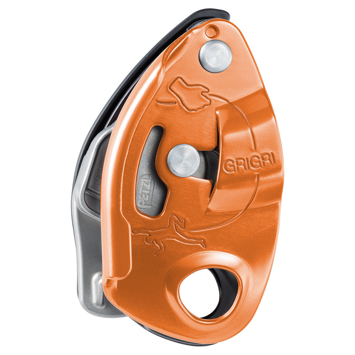 Petzl Grigri belay device, showing side view in orange colour
