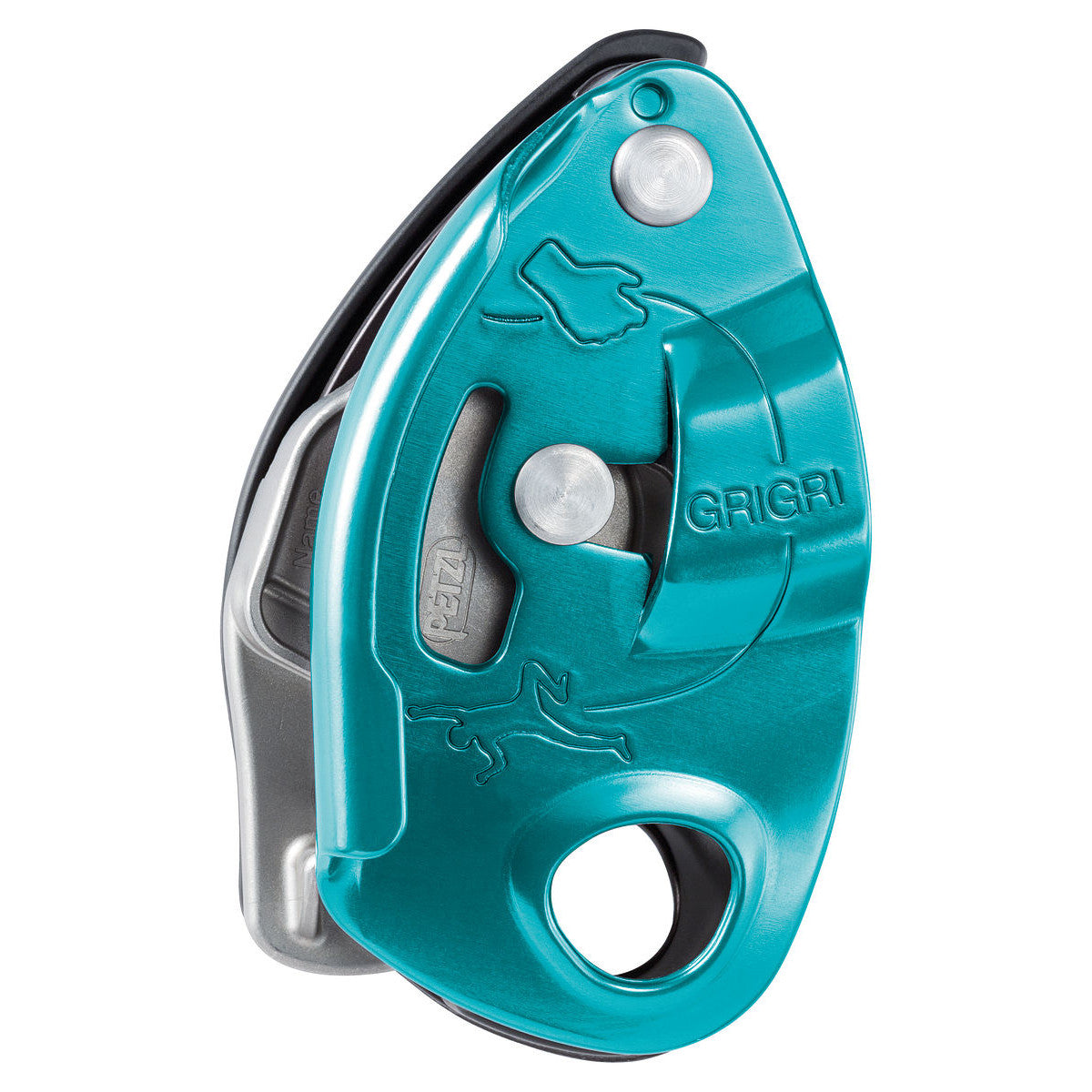 Petzl Grigri belay device, showing side view in Turquoise colour