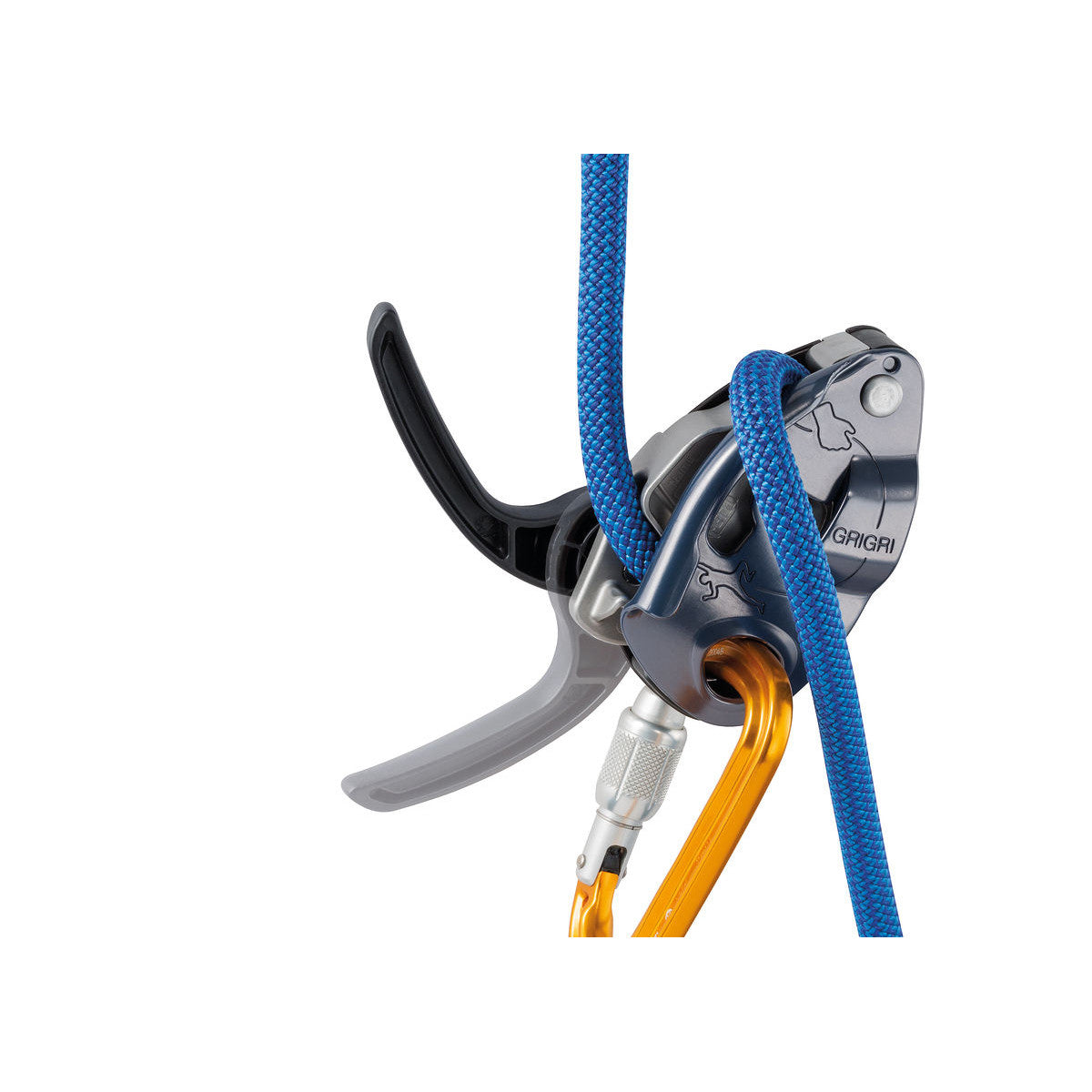 Petzl Grigri belay device in silver colour, shown in use with blue rope and yellow carabiner