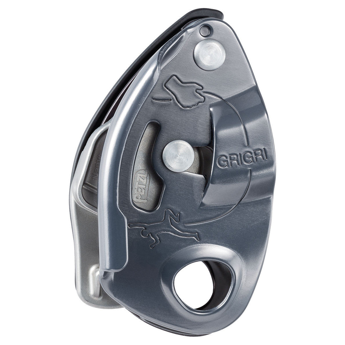 Petzl Grigri belay device, showing side view in silver colour
