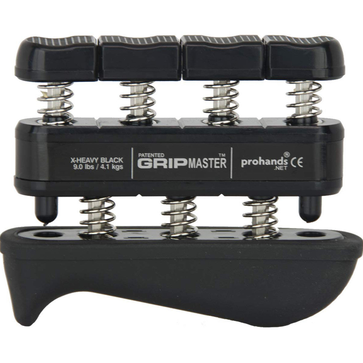 Gripmaster hand exerciser in black showing individual finger components and spring mechanism