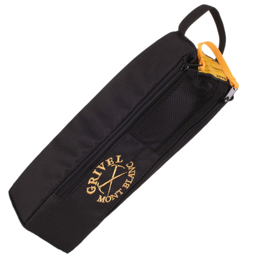 Grivel Crampon Safe bag, front/side view in black and yellow colours