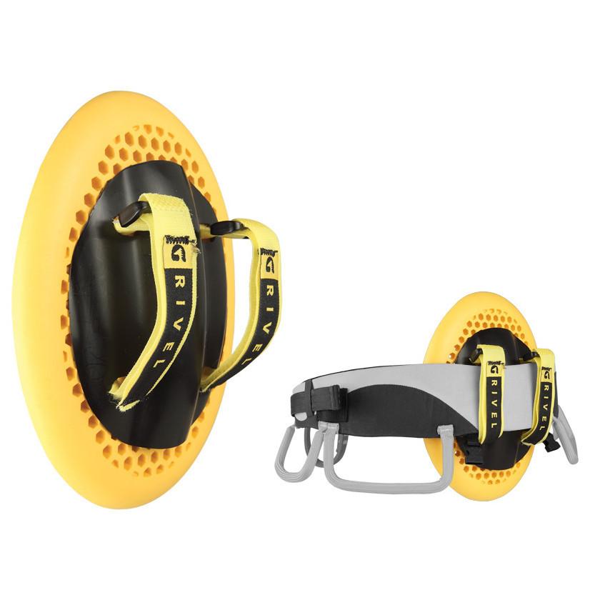 Grivel Shield shown on its own and attached to a climbing harness, in yellow and black colours