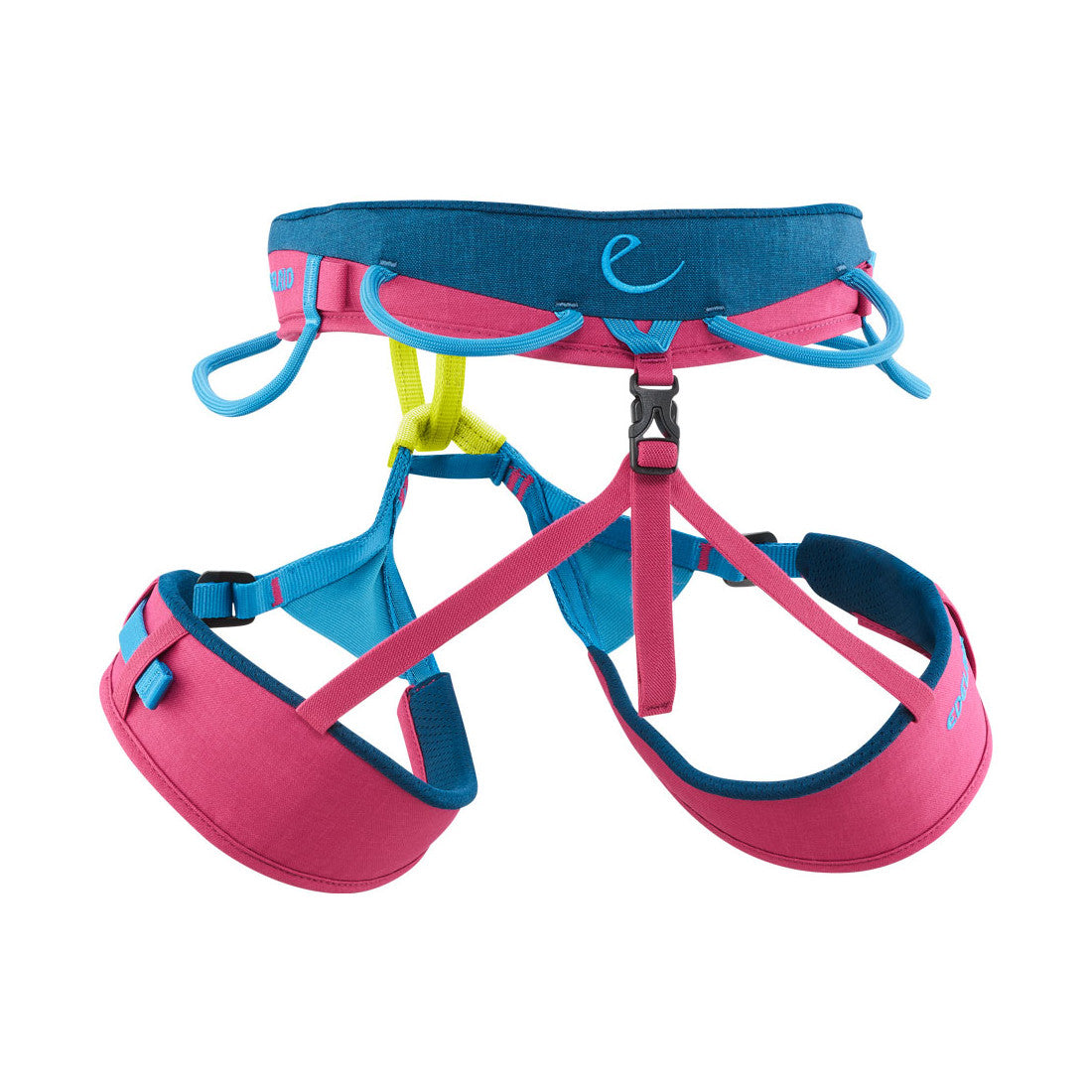 Edelrid Jayne III climbing Harness, front/side view in blue, pink and yellow colours