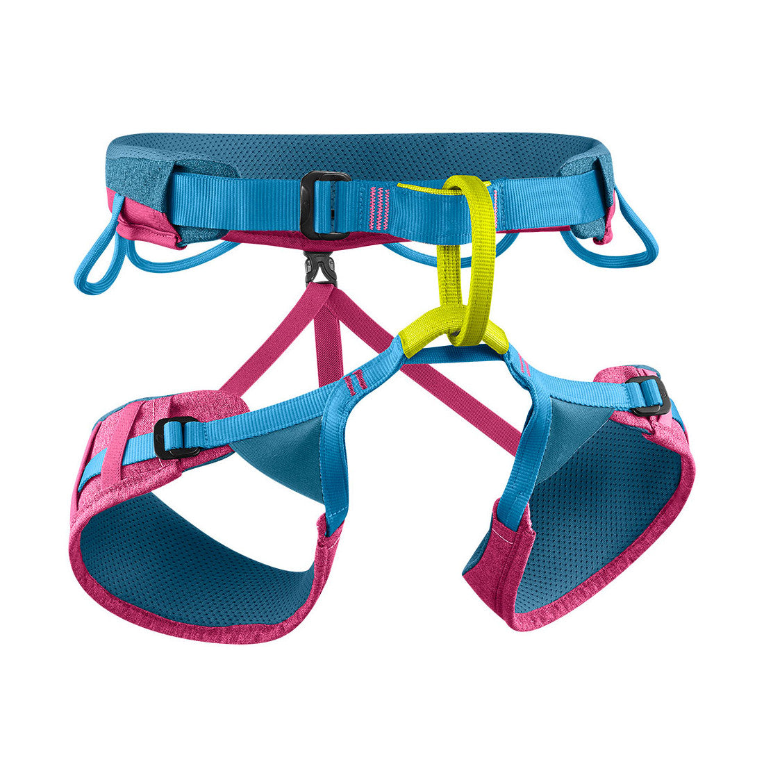 Edelrid Jayne III climbing Harness, front/side view in blue, pink and yellow colours