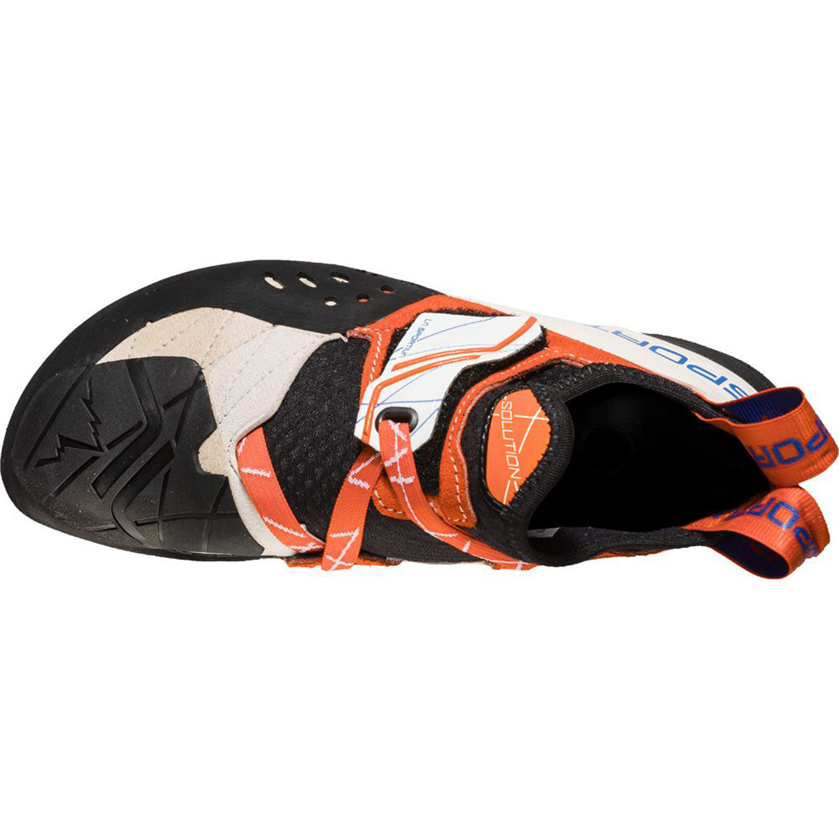 La Sportiva Solution Women&#39;s climbing shoe in a White Lilly colour as seen from above.