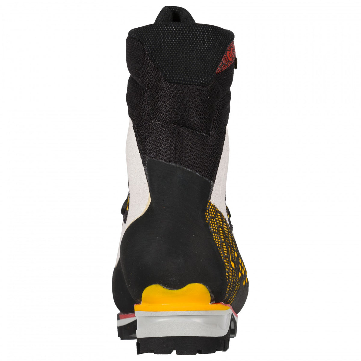 Rear view of the La Sportiva Nepal Cube GTX Womens in black, yellow and ice grey