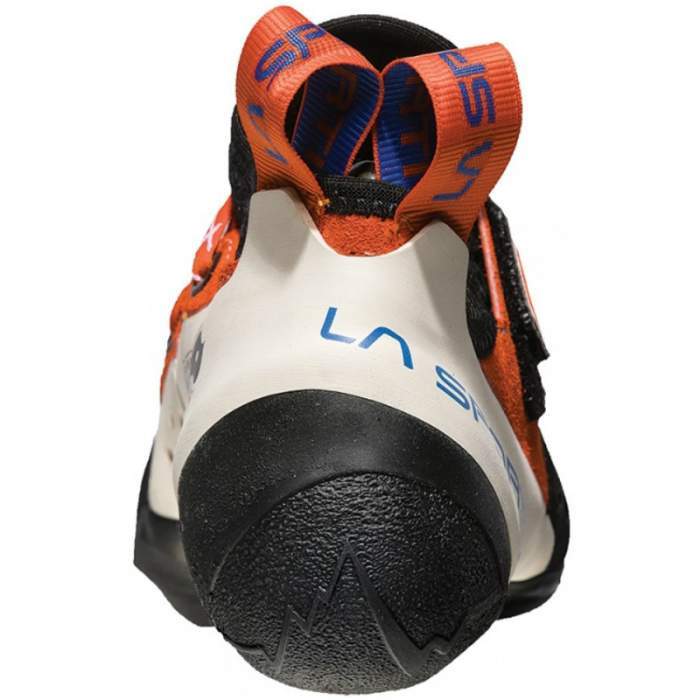 La Sportiva Solution Women&#39;s climbing shoe in a White Lilly colour as seen from rear, demonstrating s-heel technology.