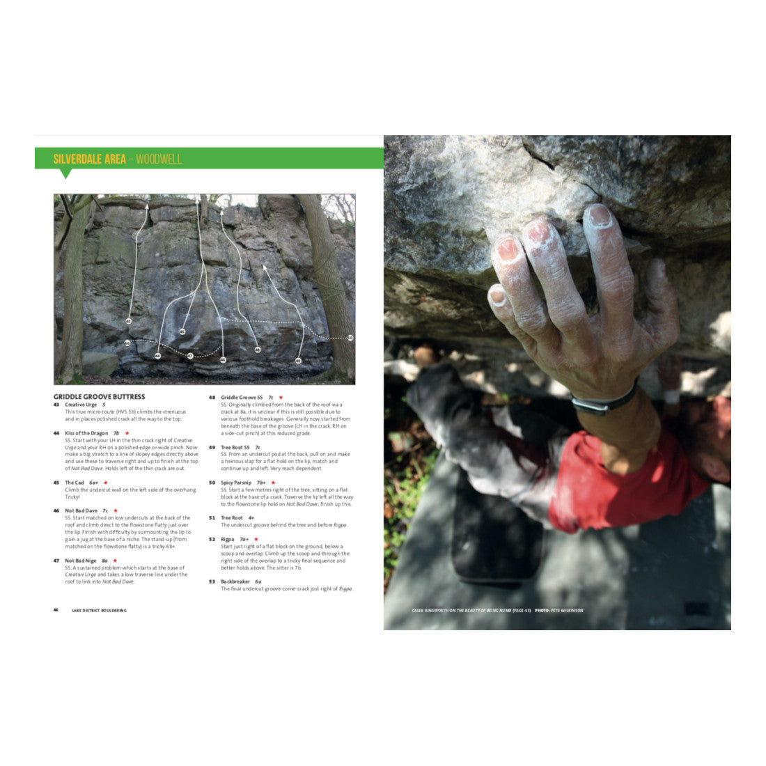 Lake District Bouldering guide, example inside page with photos and route descriptions