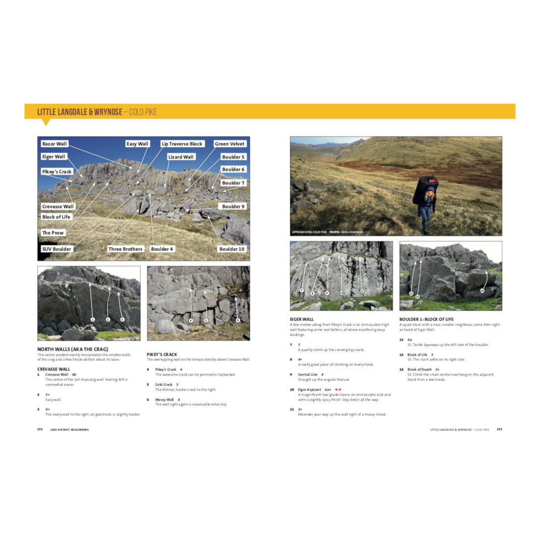 Lake District Bouldering guide, inside page examples showing topos and maps