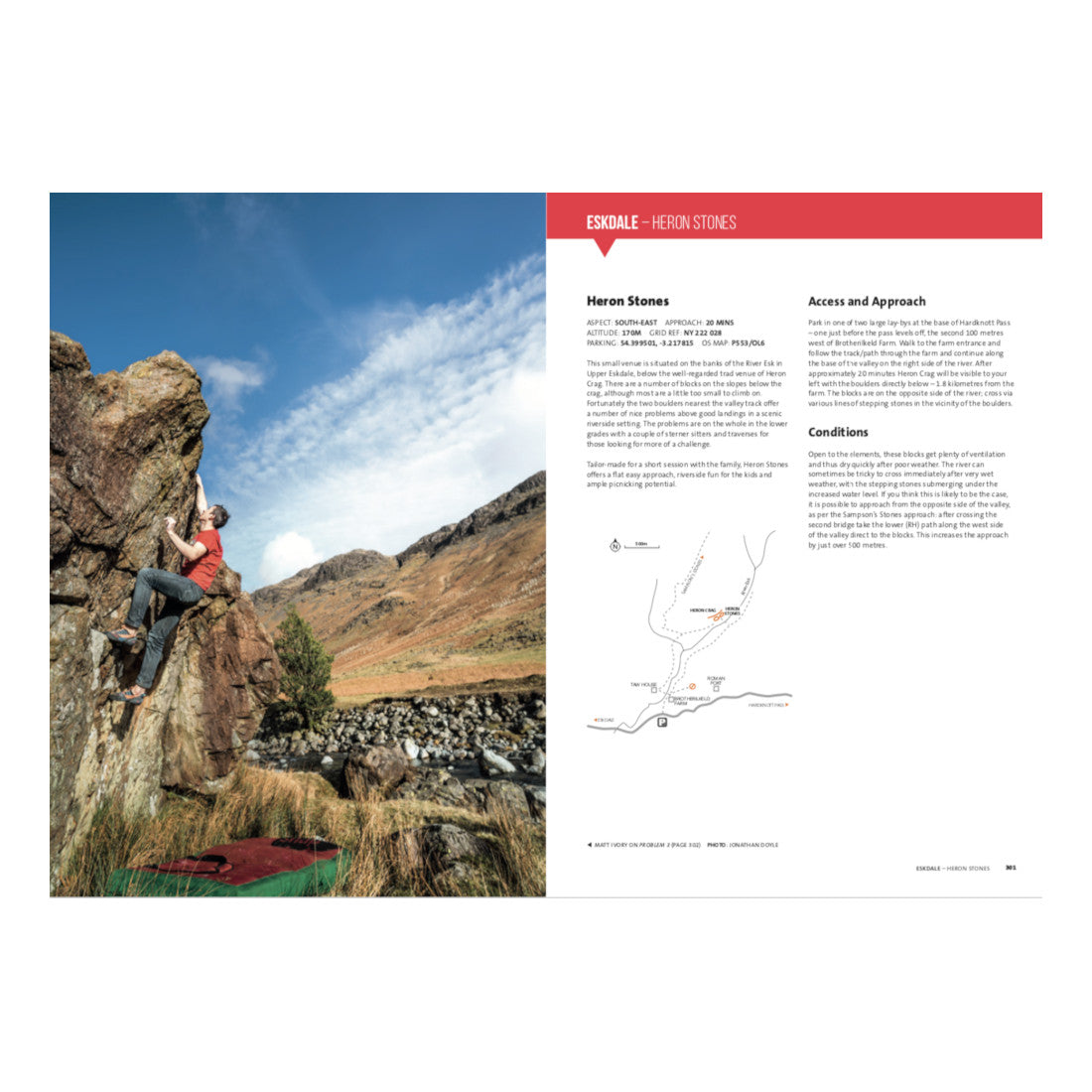 Lake District Bouldering guide, inside page examples showing photos, maps and approach details 