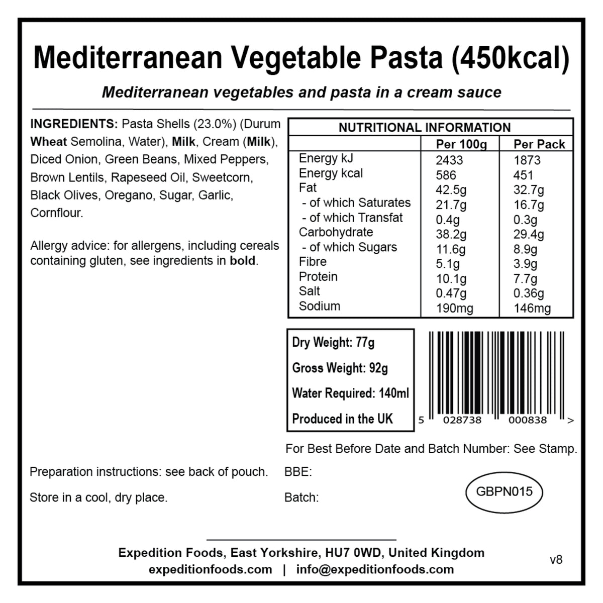 Expedition Foods Mediterranean Vegetable Pasta (450kcal)