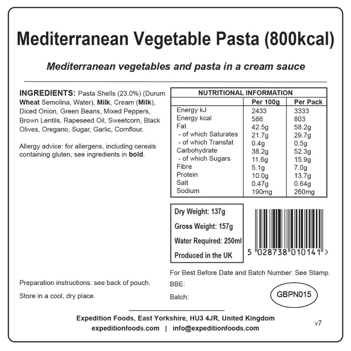 Expedition Foods Mediterranean Vegetable Pasta (800kcal), in pack