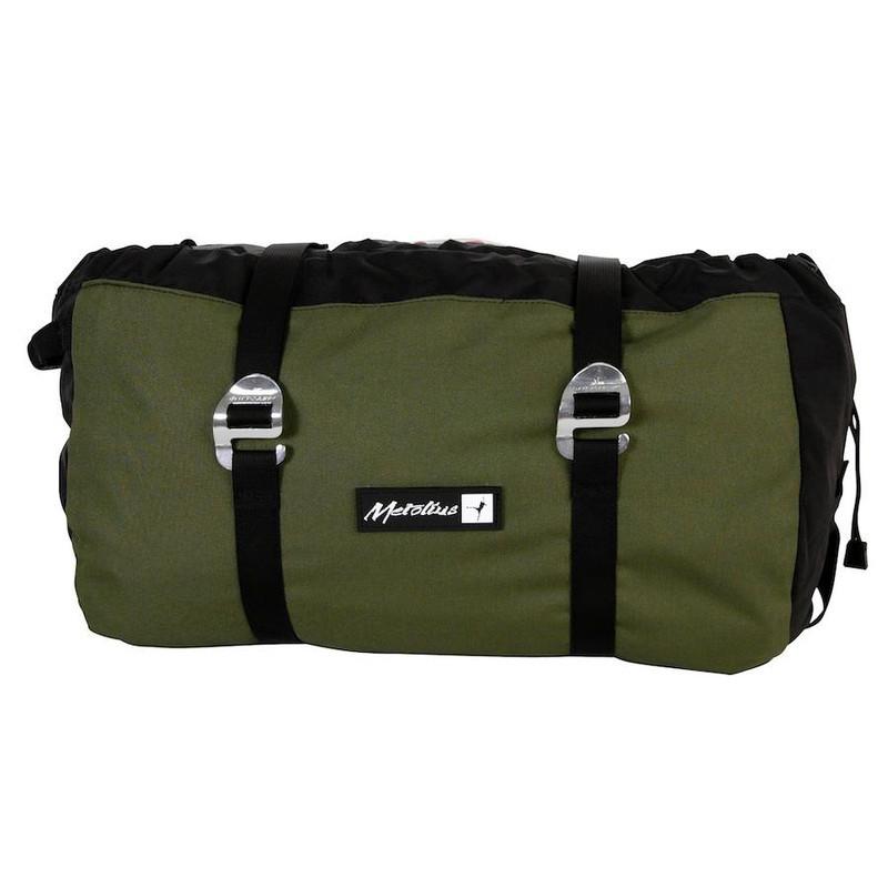 Metolius Ropemaster HC rope climbing bag, shown closed in green and black colours