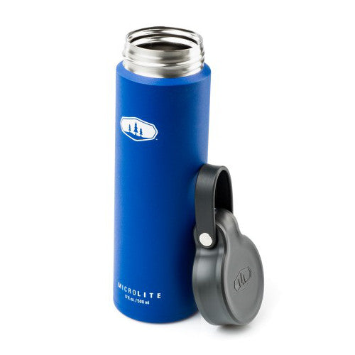 GSI Microlite 500 Twist flask in blue colour with black lid shown to the side