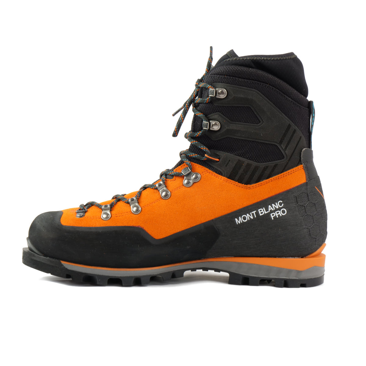 Side view of the Scarpa Mont Blanc Pro GTX with orange Perwanger outer and black rubber and flexible sock and Small Mont blanc pro written in white on the side of the shoe 