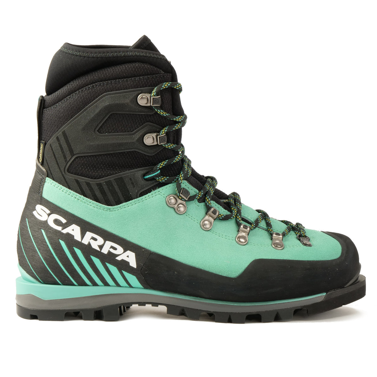 Side view of the Scarpa Mont Blanc Pro GTX Womens with Mint Green Perwanger outer and black rubber and flexible sock and large scarpa logo in white