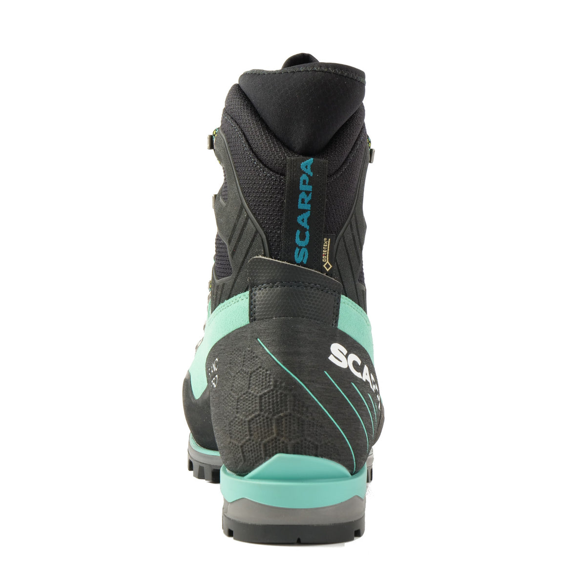 Rear view of the Scarpa Mont Blanc Pro GTX Womens with Mint Green Perwanger outer and black &amp; grey AC sole unit and blue Scarpa logo on the pull tap