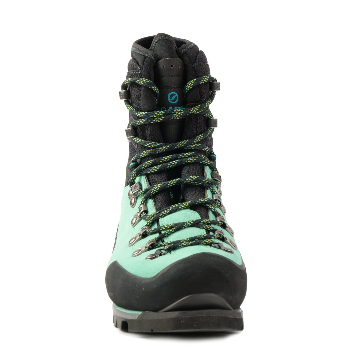 Front view a Scarpa Mont Blanc Pro GTX Womens with Mint Green Perwanger outer and black rubber and flexible sock and tongue