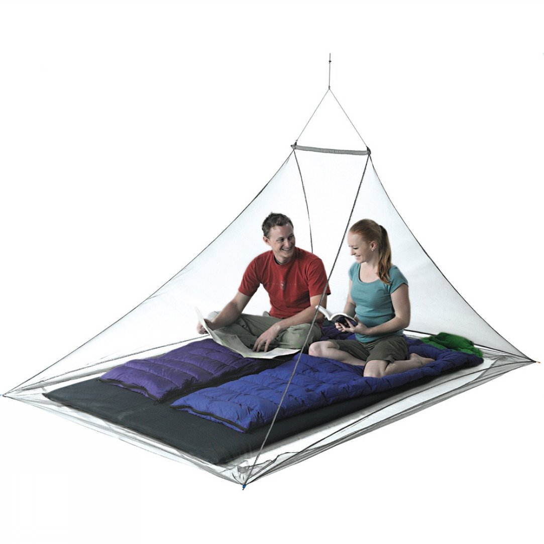 Sea to Summit Nano Mosquito Pyramid Net Double, showing two people inside on a double mattress