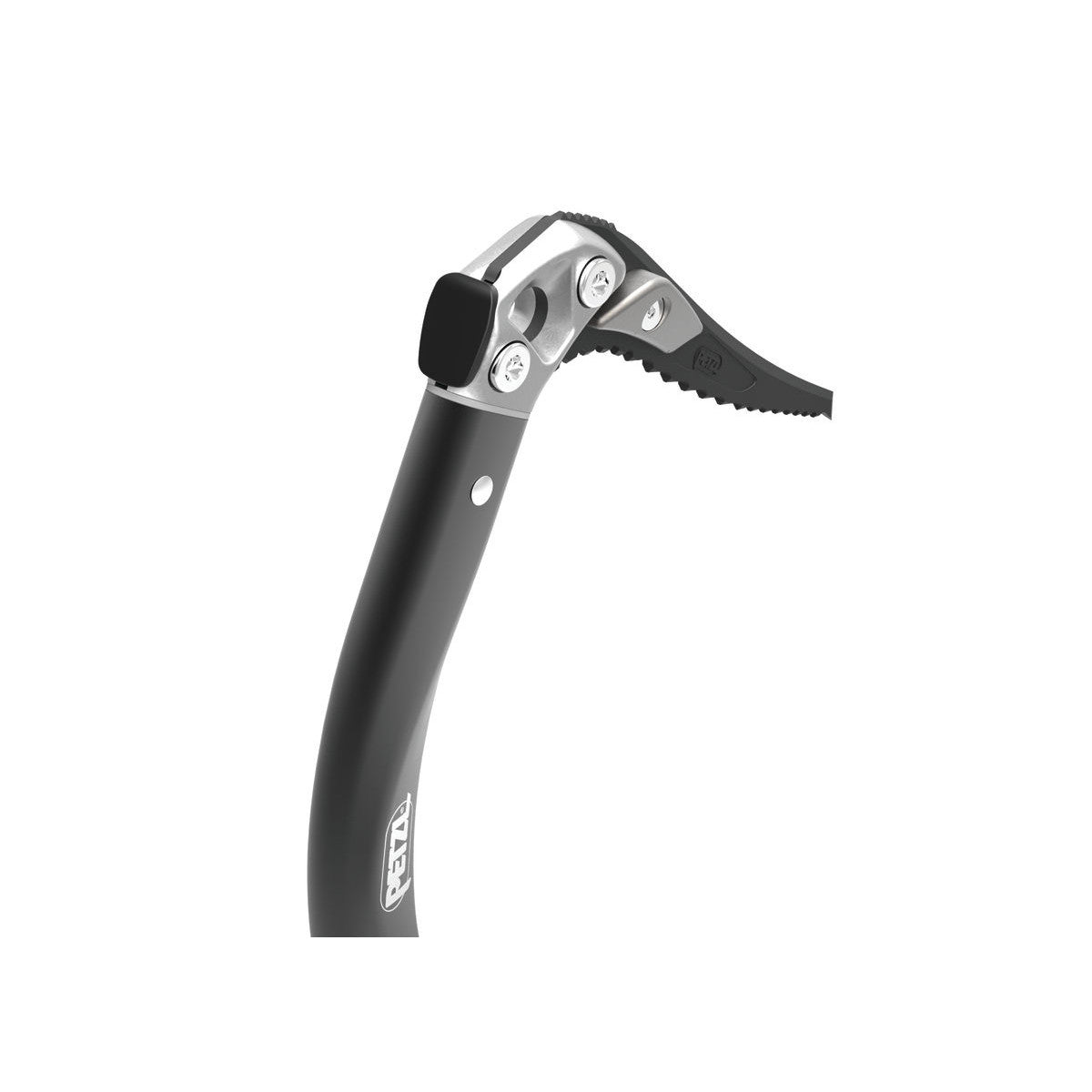 Petzl Nomic Ice Axe, side view shown with black handle, shaft and pick